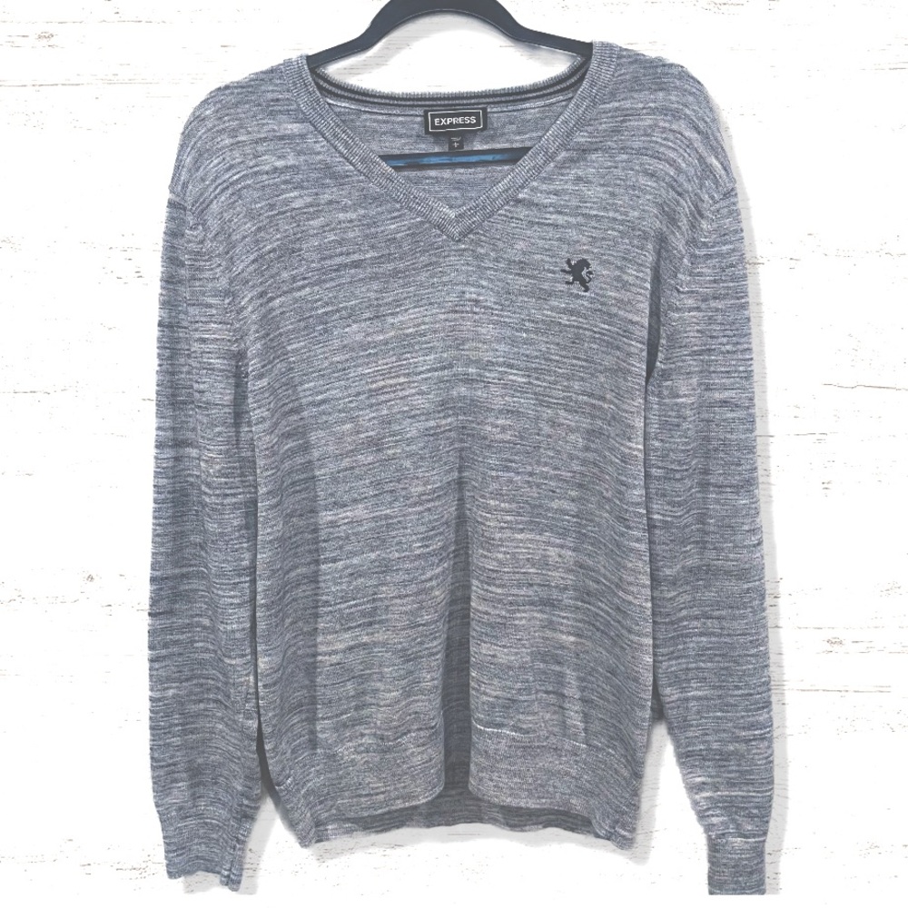 Express Light Gray V Neck Long Sleeve Men’s Sweater Size Large